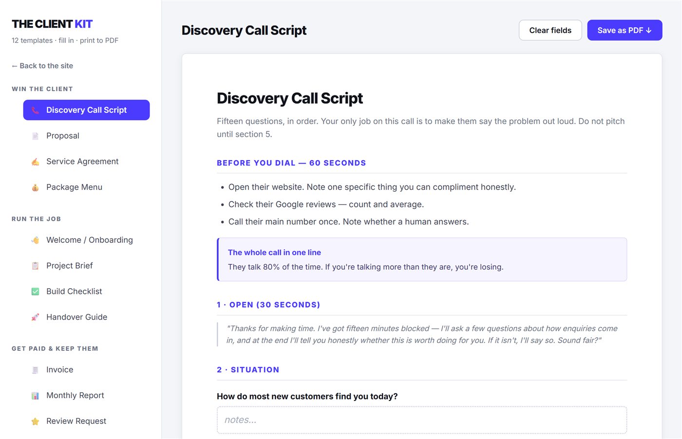 Inside the Client Kit — the twelve documents and the discovery call script
